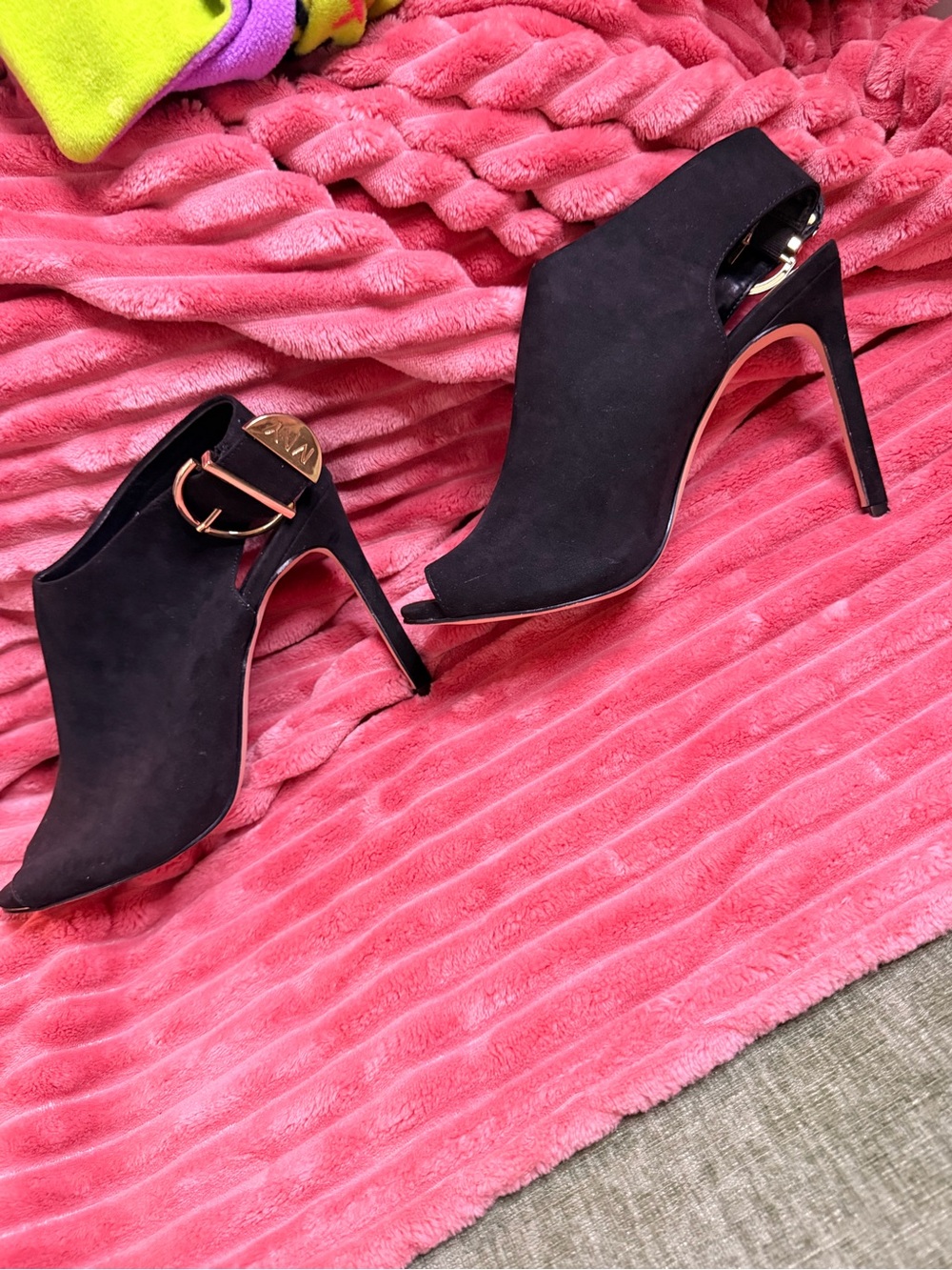Marc New York Black Suede Open-Toe Stiletto Booties with Gold Accent